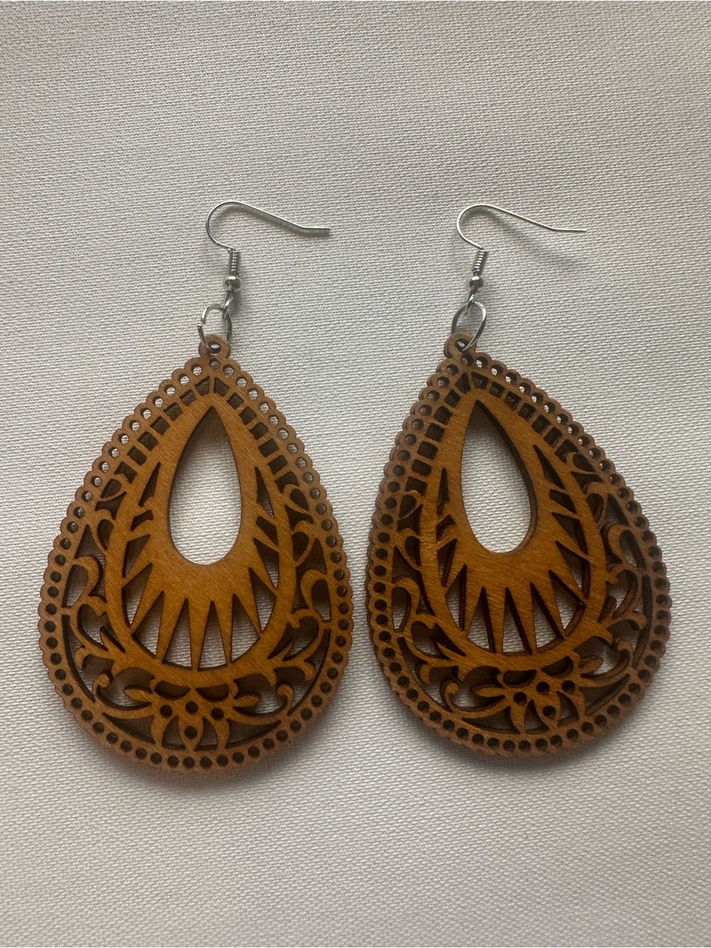 Wooden Teardrop Filigree Earrings - Brown
